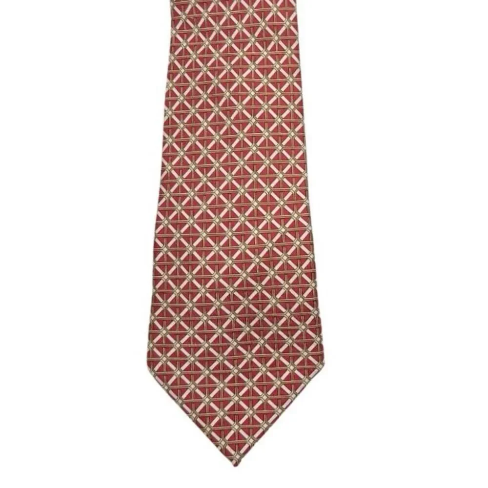 Hermes Men’s 100% Silk Tie France Red Geometric Pattern Career Dad Designer